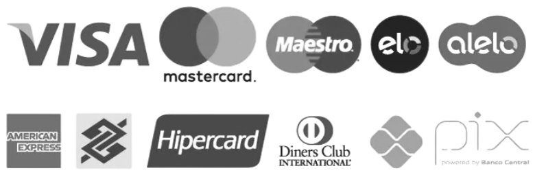 Formas de pagamento: Visa, Mastercard, Maestro, Elo, Alelo, American Express, Banco do Brasil, Hipercard, Diners Club e Pix