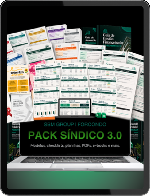 Tablet com e-books, cartazes, POPs, checklists e planilhas do Pack Síndico 3.0